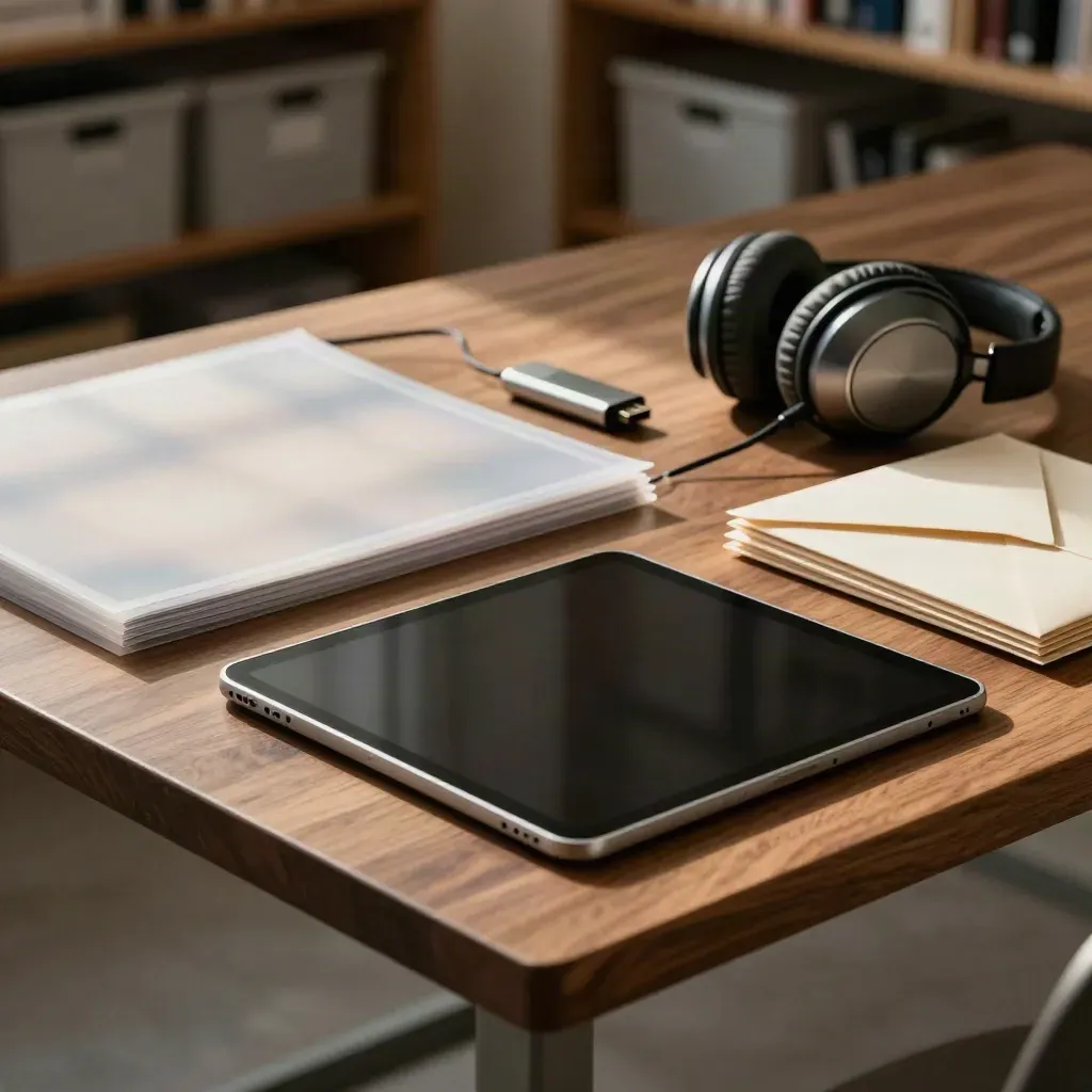 Tablet, słuchawki i pakiet materiałów PDF na ciepłym drewnianym stole w studiu edukacyjnym.
