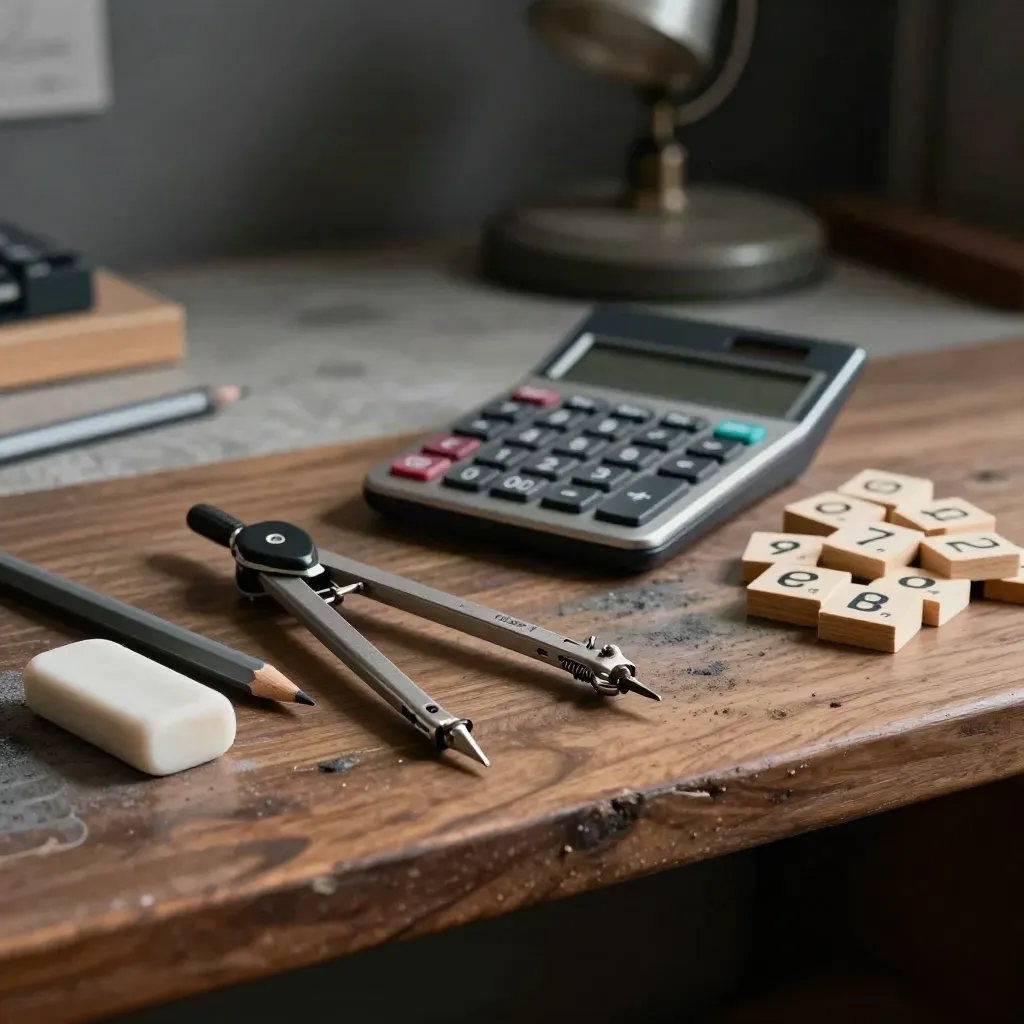 Zestaw do matematyki na ciemnej półce, z cyrklem, kalkulatorem i ołówkami.